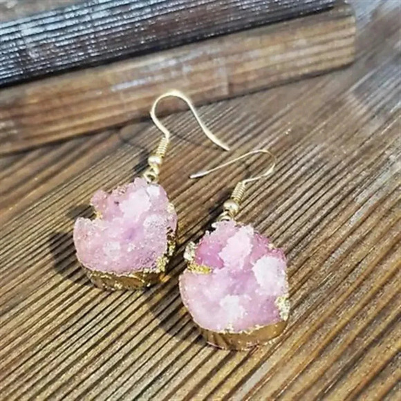 Druzy Agate Teardrop Earrings Gold Plated Pink - Picture 1 of 3